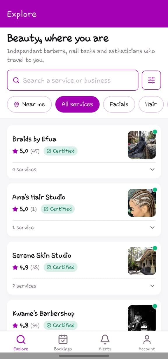 Beautys app Explore screen listing nearby certified beauty providers