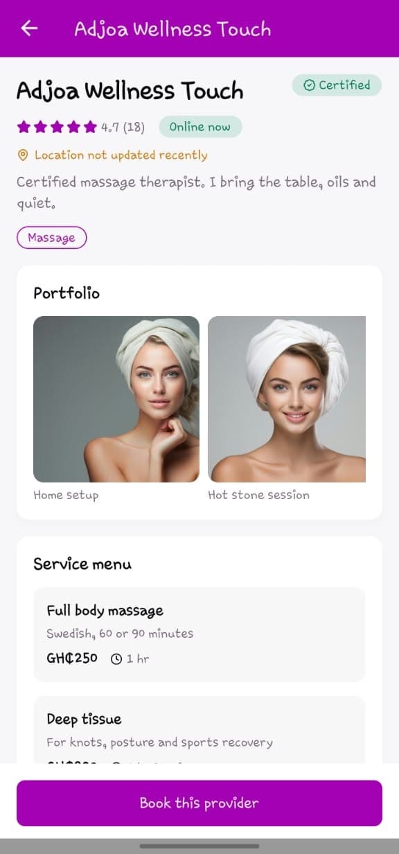 Beautys provider profile with portfolio and service menu