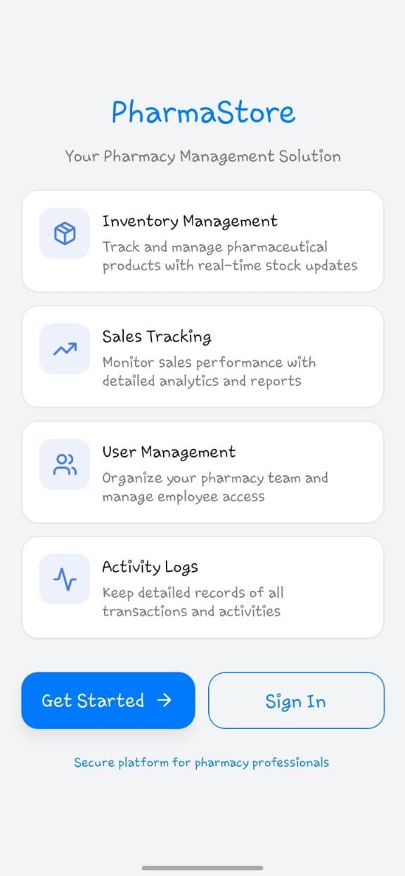 PharmaStore mobile app welcome screen