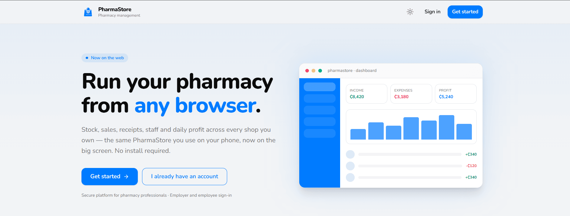 PharmaStore web app landing page